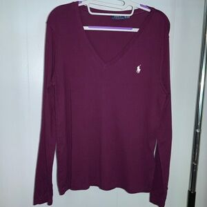 Polo Ralph Lauren plum cotton V neck knit top Sz XL long sleeve